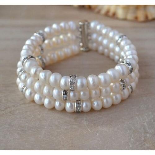 New Arrival Favorite Real Pearl Bracelet 3Row 7mm White Rhinestone Genuine Freshwater Pearls Fine Jewelry Charming Lady Gift