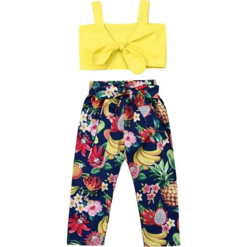 Girl Clothes Toddler Kid Baby Girl Summer Clothes Bow Strap Top Fruit Print Pant Outfits 2PCS