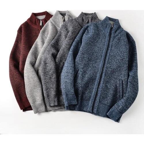 Autumn and winter new mens clothing plus velvet wool warmth mens sweater zipper stand collar knitted cardigan jacket jacket