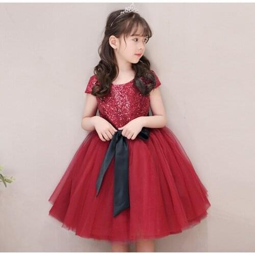 Girls Dress for Wedding Party Elegant Lace Red Flower Sequin Kids Princess My first christmas toddler girl Clothes vestidos