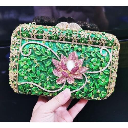 Luxury Green Flower Designer Evening Bags Lotus Clutch Bags Women Party Purse Wedding Handbags Metal Box Chain pochette SM105