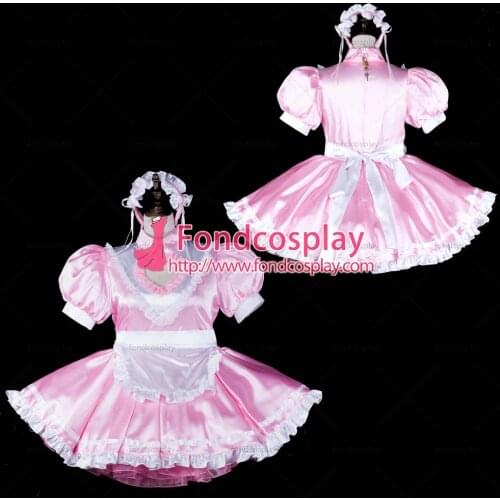 Fondcosplay adult sexy cross dressing sissy maid baby pink satin dress lockable heart Uniform white apron Tailor-made[G2320]