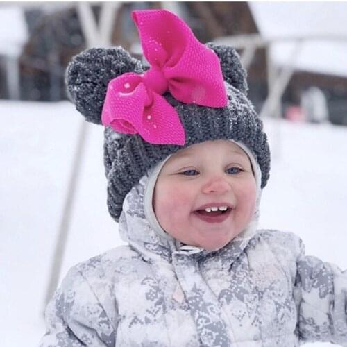 Cute Winter Baby Hat Double Pompom Bow Knitted Warm Cap Kids Girls Crochet Thicken Warmer Beanie Fur Ball Hats Caps