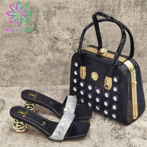 High Quality Decorate with Rhinestone in Black Color Nigerian Slippers Mujer Women Shoes Matching Bag Set for Garden Party