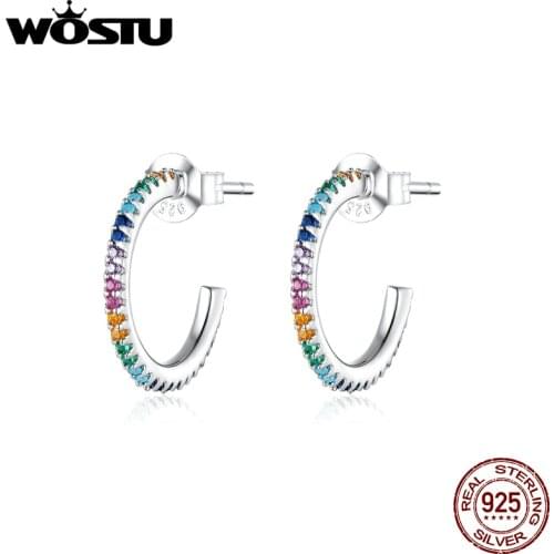 WOSTU Genuine 925 Sterling Rainbow Stud Earrings Colorful Zirconia Simple Earrings Trendy Wedding Party Jewelry Gift CQE837