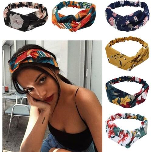 Fabric Flowers Print Chiffon Wide Hair Band Sweet Floral Women Cross Twisted Turban Hair Accessories Girl Accessories Headband