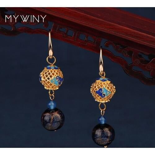 MYWINY New fashion jewelry Copper honeycomb jewelry Cloisonne vintage earrings women, Chinese wind nature stones