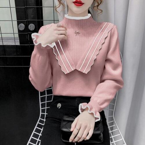 High-necked wood ears long-sleeved slim temperament sweater knit sweater women 2020 new winter all-match bottoming shirt