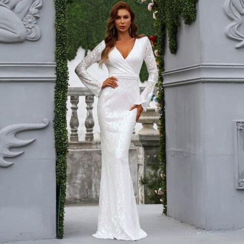 Women White Lace Sequined Mermaid Evening Maxi Dress Sexy V Neck Vintage Long Sleeves Sequins Sparkle Prom Party Gowns Vestidos