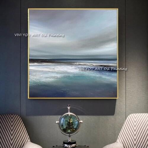 100% Handmade Blue Sea View Canvas Painting Modern Ocean Seascape Artwork Green Pictures Thick Oil Wall Art Silver White Sky