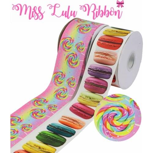 16mm-75mm Sweet Candy Lollipop Macaron Printed Grosgrain/Foe Ribbon Colorful Spot DIY Hair Bowknots Party Decor 50yards/roll