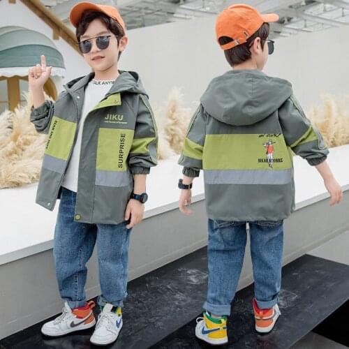 2021 New Model Spring Autumn Boys Color Matching Patchwork Sports Hooded Coat Children Clothing Reflective Jackets