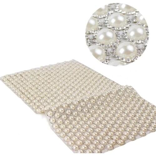 24*40cm Pearl and Rhinestone Mesh Trim Bridal Applique Hotfix Glass Strass Chain Crystal Banding Jewelry Wedding Dress Decoratio