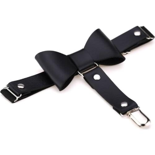 40GC Women Girls Gothic Studded Bowknot Garter Belt Elastic Faux Leather Anti-Slip Thigh Rings with Metal Clip Sexy Leg Harness