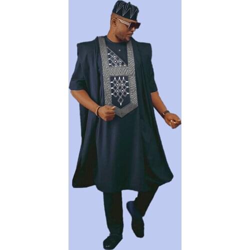 H&D African Traditional 3 PCS Suit Agbada For Men Embroidery Dashiki Boubou Shirt Pants Set Ramadan Muslim Thobe White Clothing