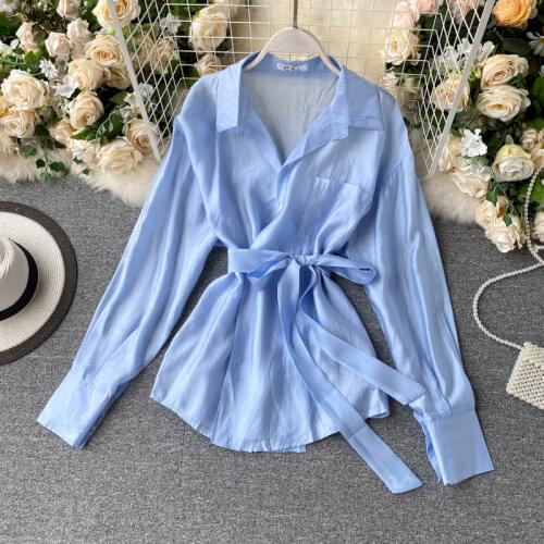 SINGRAIN Women Autumn Solid Blouse Long Sleeve Lace up Korean Simple Elegant Office Tops Fashion Chic Streetwear Blouse 2020