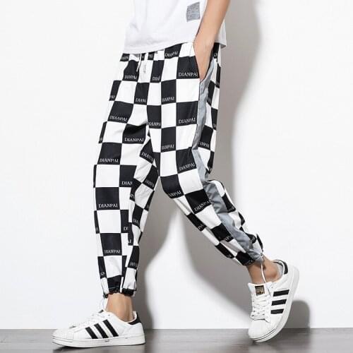 Reflective Streetwear Pants Men Jogger Ankle-Length Harem Pants Splice Black White Lattice Joggers Trousers Men Pants Casual