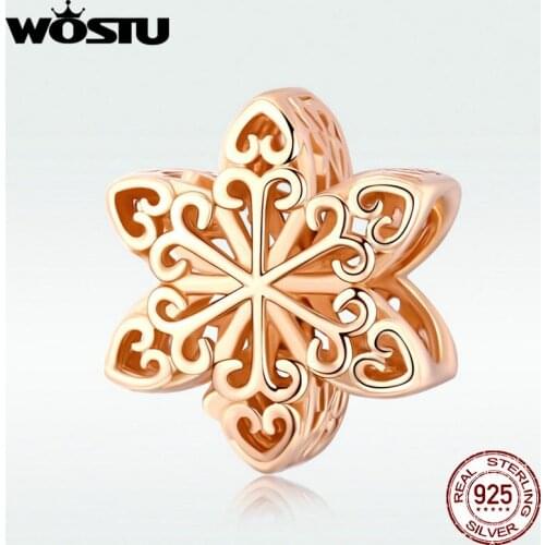 WOSTU 100% 925 Sterling Silver Snowflakes Charms Rose Gold Beads Fit Original Bracelets Pendant Wedding Jewelry Making BKC719-C