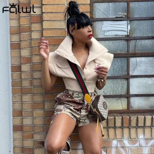 FQLWL Autumn Streetwear Flying Sleeve Loose Crop Top Women 2021 Single Breasted Design T Shirt Fashion khaki Oversized Tops