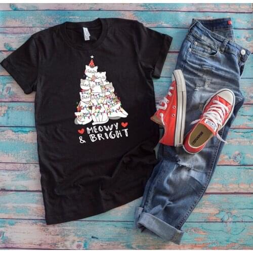 Meow Mom And Bright Christmas Cat Tree Merry Cat Lover Costume Unisex T-Shirt 100%Cotton Women Tshirts Plus Size Short Sleeve