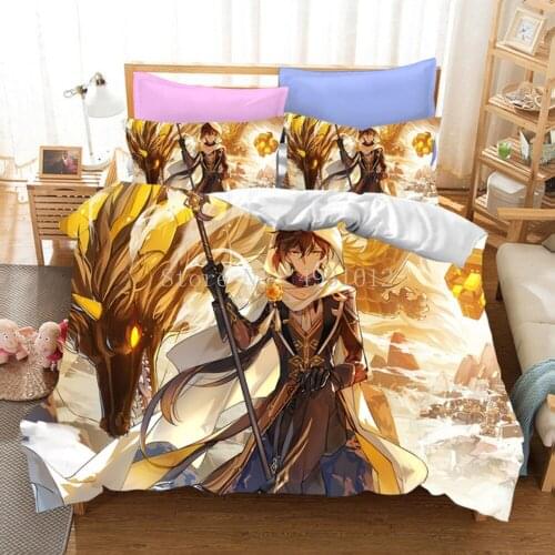 Game Genshin Impact Bedding Sets Quilt Bed Cover Duvet Cover Pillow Case 3 Pieces Sets Kids Adult Size Bedclothes Home Textile