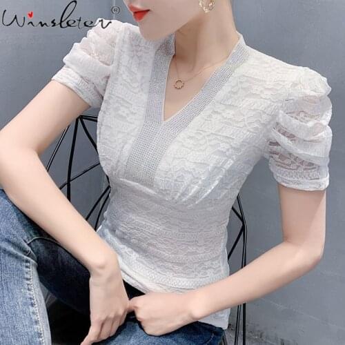 Summer Korean Clothes Lace T-Shirt Sexy Fashion V-Neck Shiny Diamonds Women Tops Slim Bottoming Shirt Tees New 2021 T13707A