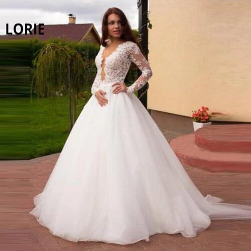 LORIE Long Sleeve Wedding Dresses Lace Appliques with Chffion Wedding Gowns fluffy Bride Dresses plus size vestidos de noiva