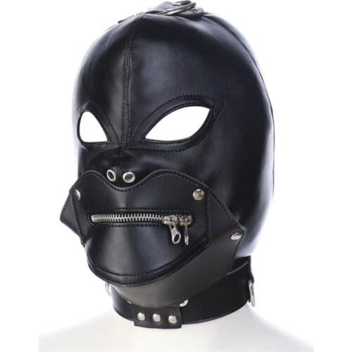 Zip mouth party mask head adjustable Black leather mask hood new removable eye mask hood headgear cosplay
