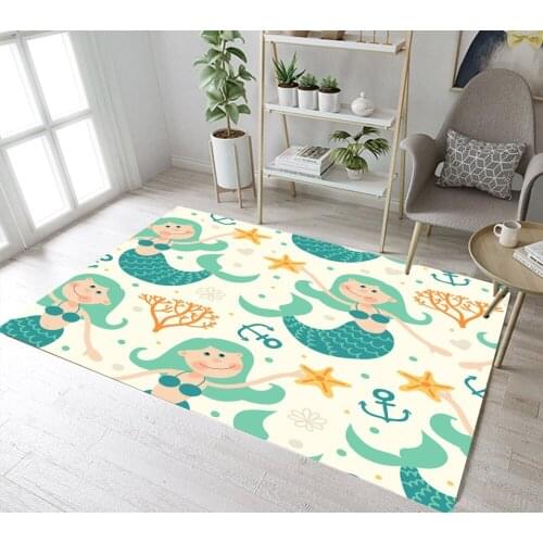 Cute Green Hair Mermaid Coral Starfish Indoor Children Carpets Living Room Floor Cushion Kitchen Area Rug Bathroom Non-Slip Mat