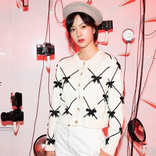 3D Bows Kawaii Cardigan Designer White Cardigan Women 2021 Autumn Winter Knitted Jacket O Neck Bows Acryle Plaid Sweater Coat