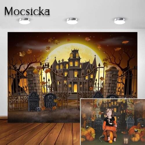 Mocsicka Halloween Photography Backdrop Full Moon Scary Castle Cemetery Halloween Child Kids Portrait Photo Background