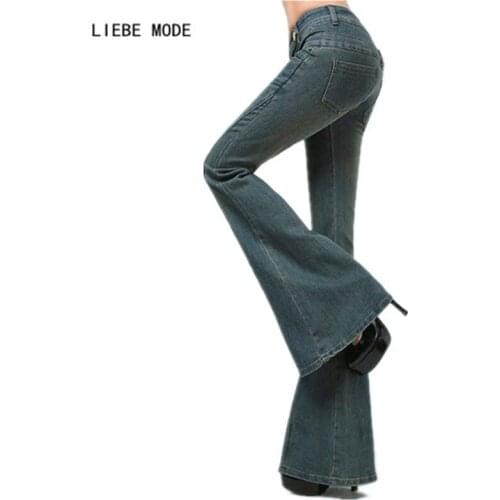 Fashion Office Blue Push Up Flared Jeans for Women Bell Bottom Long Trousers High Waist Wide Leg Jeans Woman Flare Denim Pants