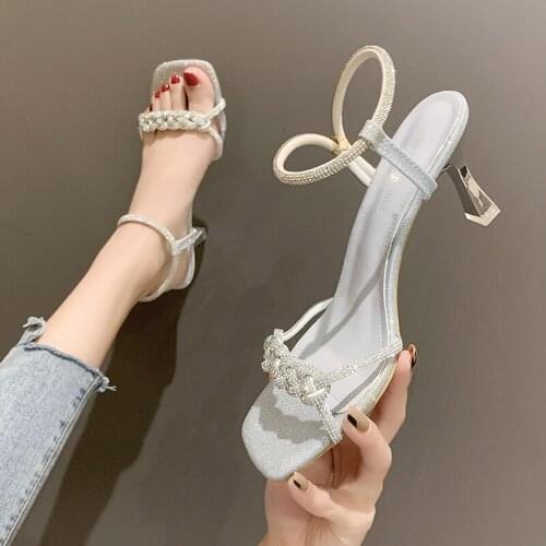 Fashion Trend High Heel Ladies Sandals Summer New Exquisite Rhinestone Temperament Square Toe Sandals