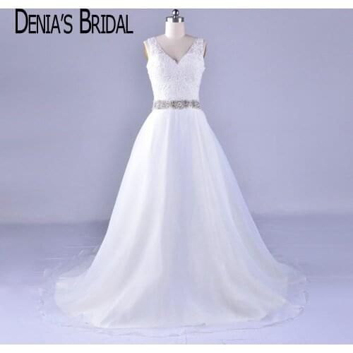 Real Elegant V Neck Lace Wedding Dresses with Beaded Sash Court Train Bridal Gowns Custom Made