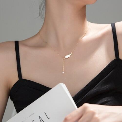 S925 Silver Necklace For Women Gold Zircon Angel Wing Shell Tassel Chain Pendant Clavicle Fashion Temperament Elegant INEFFA