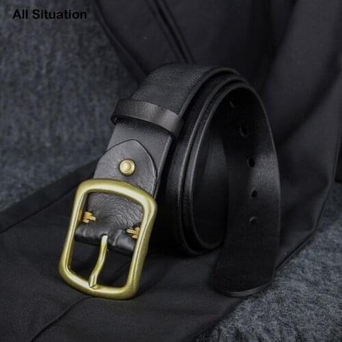 Luxury Male Belt First Layer Cow Leather Handmade Top End Men Copper Buckle Belt For Jeans Vintage Business Cowboy Waistband