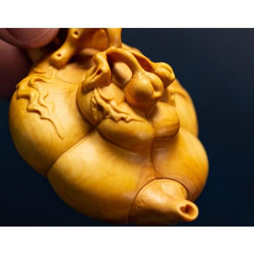 Boxwood 8cm Pumpkin Pot Sculpture Wood Carving Vegetable Statue Lucky Home Decoration