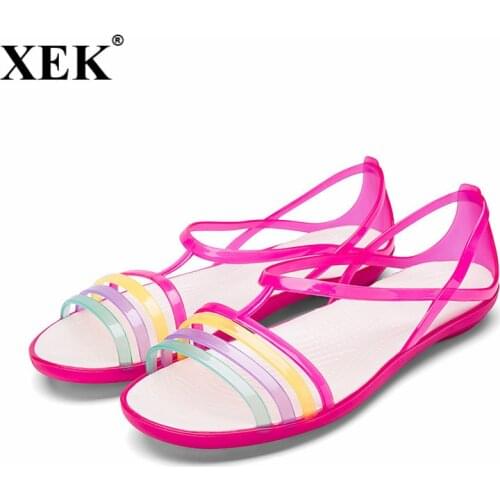 Women Sandals Summer New Candy Color Women Shoes Peep Toe Stappy Beach Valentine Rainbow Jelly Shoes Woman Flats JDD51