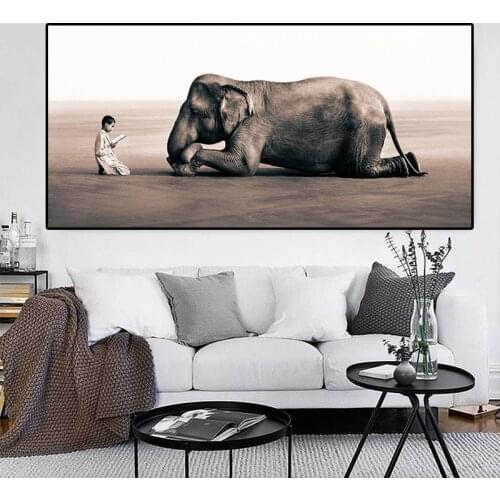 Modern Abstract Canvas Painting Elephant Reading Boy Bowing to Each Other Poster Prints Implied Wall Art Picture Home Room Decor