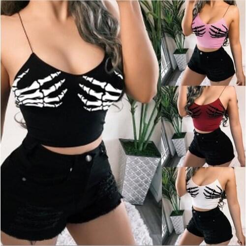 Woman Sleeveless Crop Vest Skeleton palm camouflage Printed Backless Casual Crop Tank Asia Size S-5XL