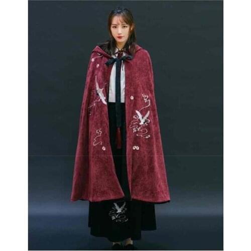 Early Spring original traditional retro Chinese style fairy crane embroidered long-section Hooded cape outerwear for women