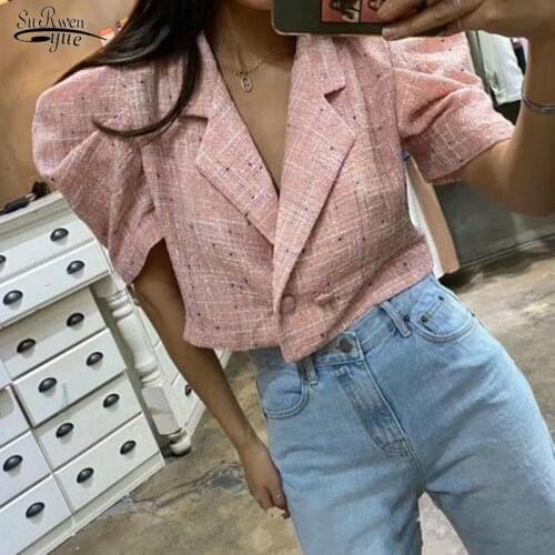 Summer Autumn Woman Jacket Suit Collar Vintage Puff Short Sleeve Plaid Coats Jackets Woman Fashion Short Style Female Coat 15497