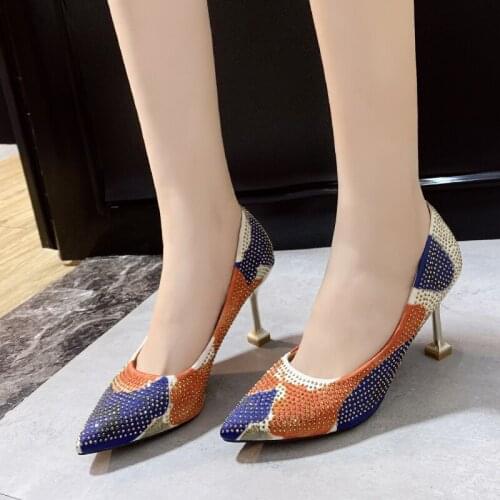 New High Heel Fashion Spring And Autumn Pointed Rivets Color Matching Designer High Quality Wild Luxury Womens Shoes W27-35