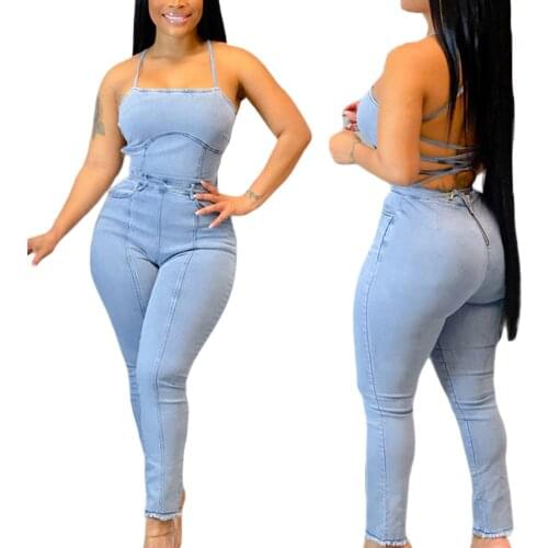 Hirigin Plus Size Sexy Back Lace Up Bandage Hollow Out Jumpsuit Women Off Shoulder Denim Long Jumpsuit Sleeveless Jeans Overalls