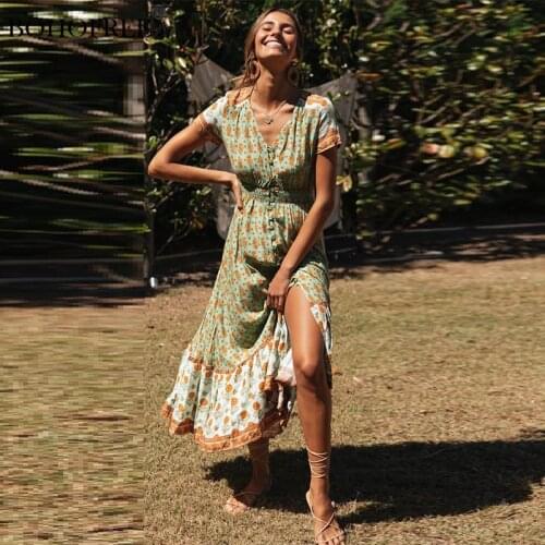 2020 Spring Summer V-neck Bohemian Style Vestido Short Sleeves Floral print Yellow Long Women kimono Casual Dress