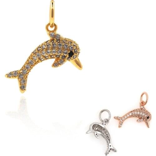 Micropavé CZ Gold Dolphin Pendant, Ocean Charm, Dolphin Bracelet, DIY Jewelry Accessories, 17x13.8x3.3mm