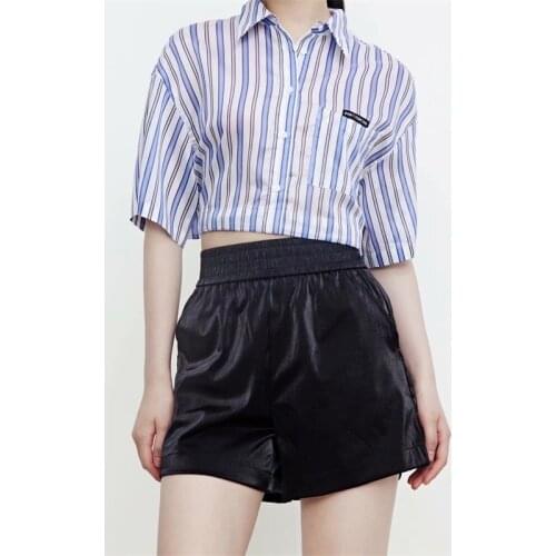 ZXQJ Women 2021 Fashion Stripe Printing Bow Tied Cropped Blouses Vintage Short Sleeve Female Shirts Blusas Chic Tops