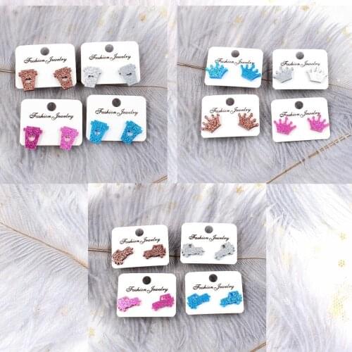 1pair)16mm Glitter Acrylic Coffee Cup Stud Earring Blue Pink Glitter Car Crown Stud Earring Allegry Free Earring