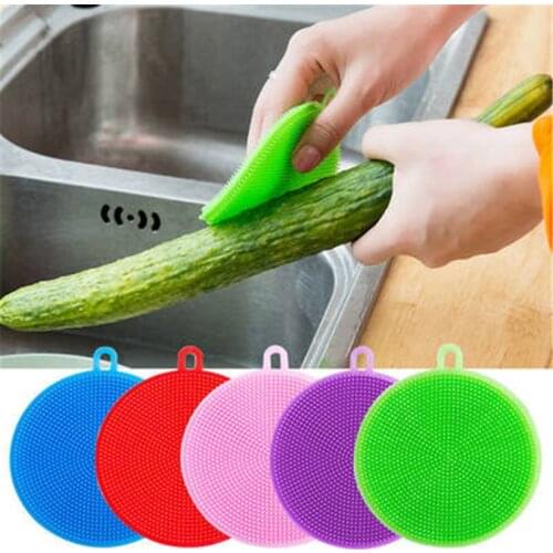 1PC Kitchen Cleaning Brush Silicone Dishwashing Brush Fruit Vegetable Cleaning Brushes Pot Pan Sponge Scouring Pads