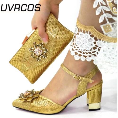 2021 Italian design Match Shoes and Bag Set Golden Color Italy Shoe and Bag Set Decorated with Rhinestone African Women Italian